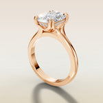 Radiant Tulip Hidden Halo Double Prong Split Shank engagement ring in rose gold, angled side view