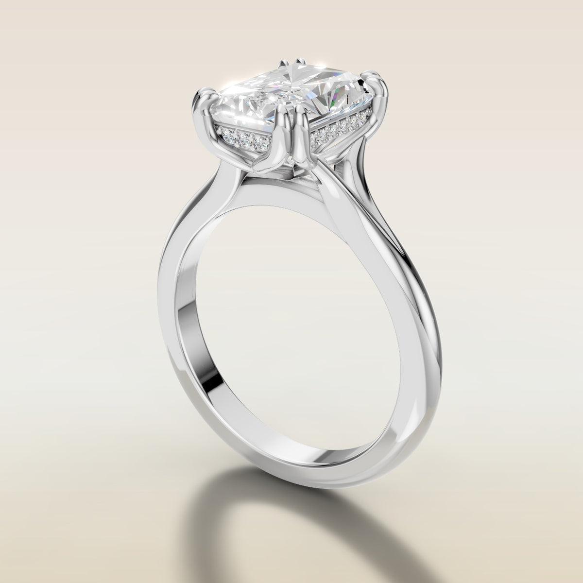 Radiant Tulip Hidden Halo Double Prong Split Shank engagement ring in white gold, angled side view
