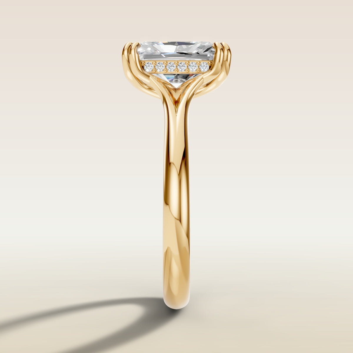 Radiant Tulip Hidden Halo Double Prong Split Shank engagement ring in gold, side profile
