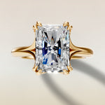 Radiant Tulip Hidden Halo Double Prong Split Shank engagement ring in gold, top view