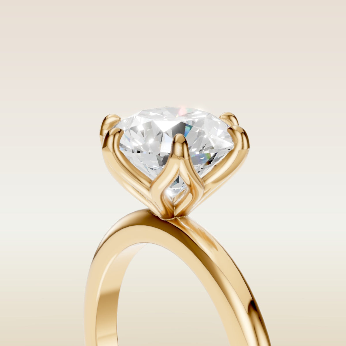 Round Six Petal Tulip Solitaire engagement ring in yellow gold, basket close up