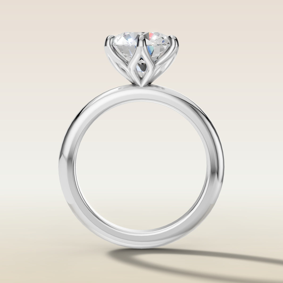 Round Six Petal Tulip Solitaire engagement ring in white gold, front view