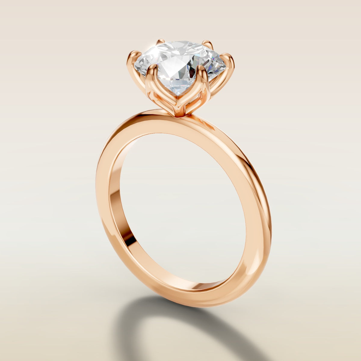Round Six Petal Tulip Solitaire engagement ring in rose gold, angled side view