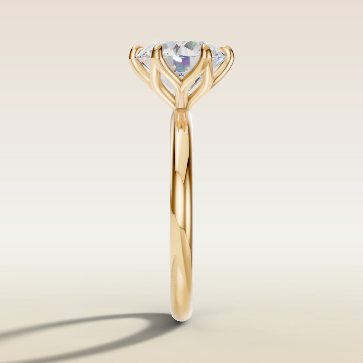 Round Six Petal Tulip Solitaire engagement ring in yellow gold, side profile