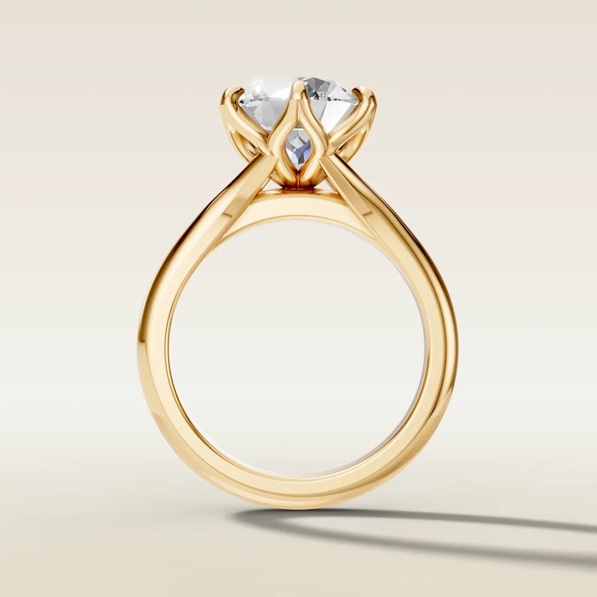 Round Tulip Split Shank engagement ring in yellow gold, front view